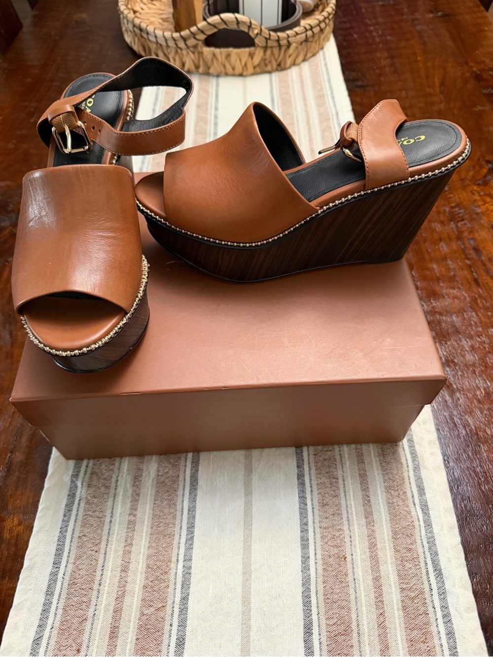 Coach Harla Semi Matte Calf Wedge Sandal — Saddle Brown